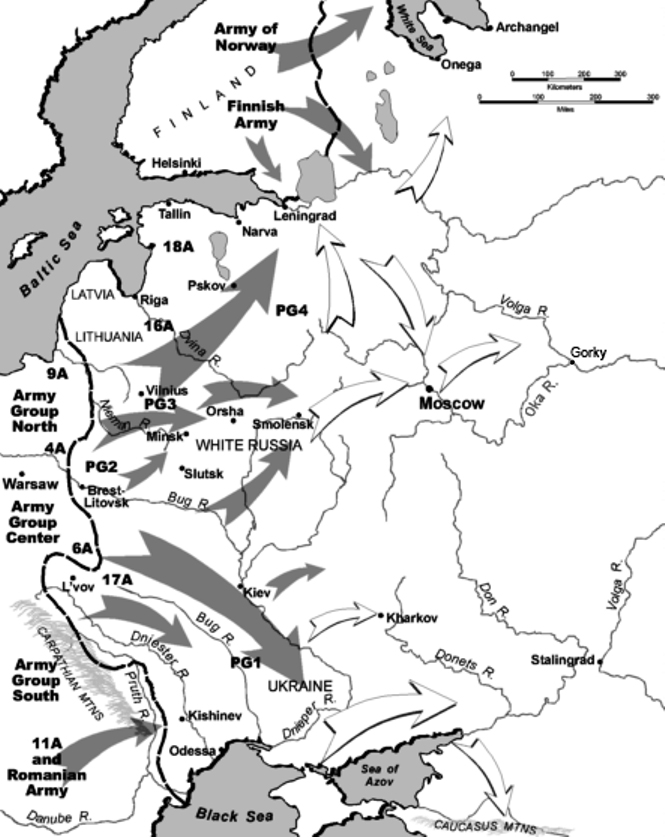 German troops cross the Polish/Russian frontier to begin the invasion of Russia known as Operation Barbarossa (map of the 1st plan of invasion)
